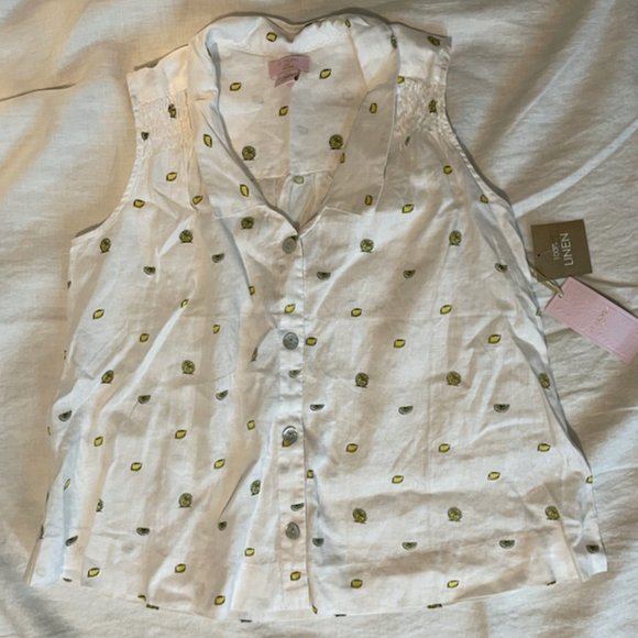 ST TROPEZ WEST Women's 100% Linen Sleeveless Button Down Top Lemon Print - Picture 1 of 1